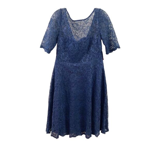 David’s Bridal Lace Elbow Sleeve All Over Contrast Marine Blue Dress - Picture 1 of 10